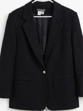 Savannah Womens Wool Blazer Jacket Sz 14 Black Button Vintage Overcoat Career